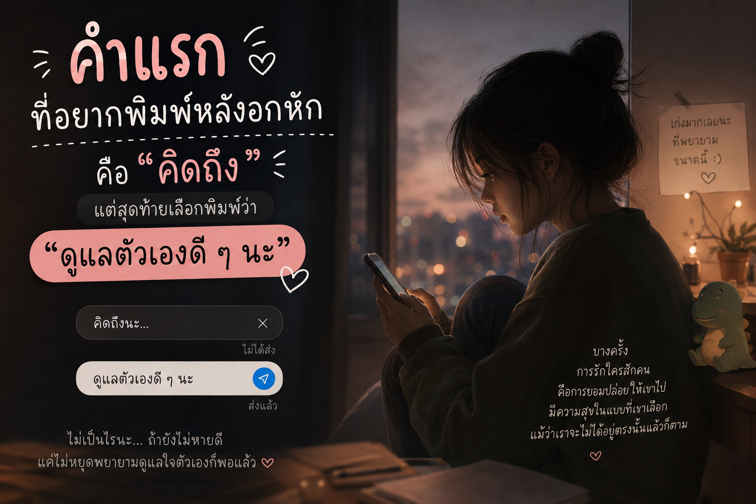 คำแรกที่อยากพิมพ์หลังอกหัก คือ “คิดถึง” แต่สุดท้ายเลือกพิมพ์ว่า “ดูแลตัวเองดี ๆ นะ”